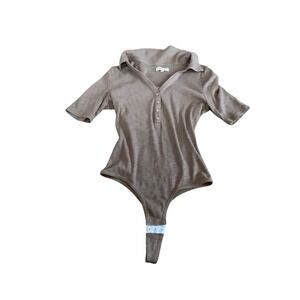Madewell Womens Short Sleeve Polo Henley Bodysuit Taupe Brown Ribbed Knit Size M